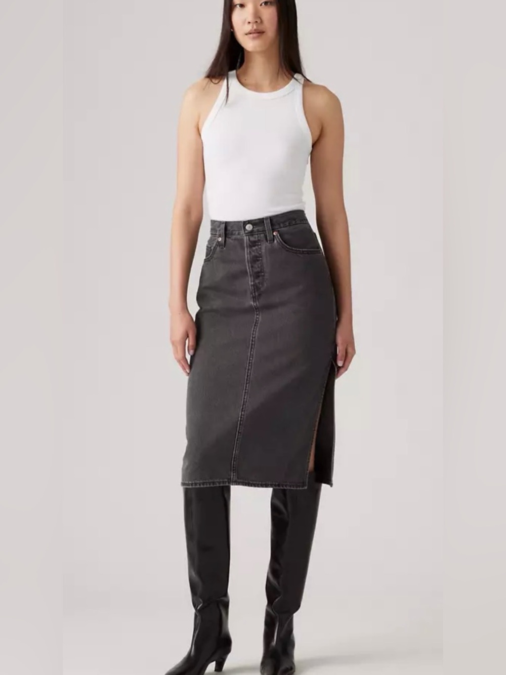 Levis High-Rise Black Denim Midi Skirt with Side Slit NWT
